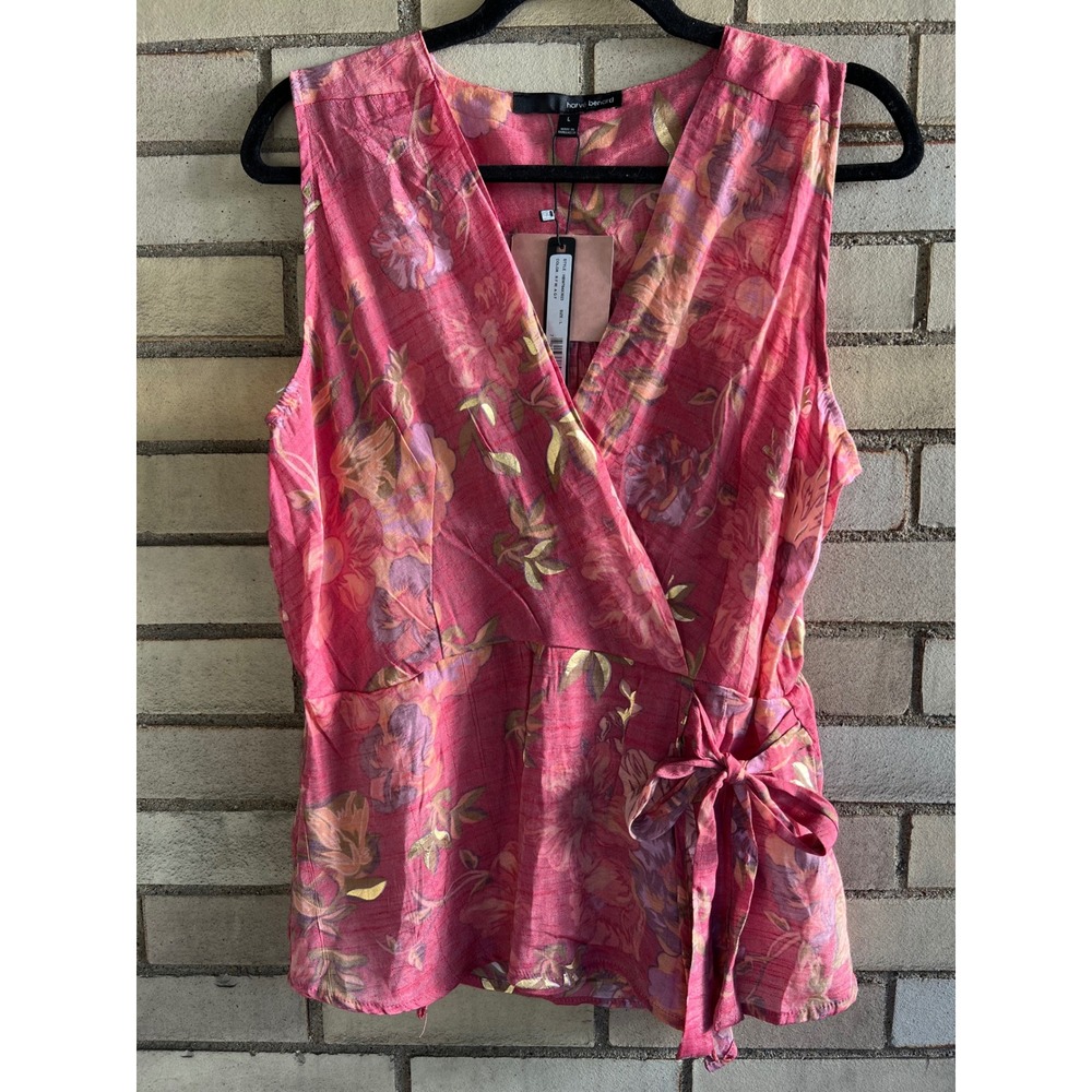 Harve Benard Floral Gold Foil Wrap Blouse Red Pink Size Large NWT